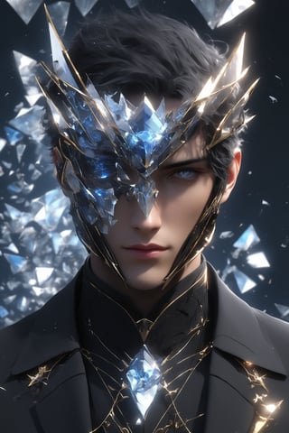 sole_male, (clear crystal visor mask), broken glass formal suit, SalomanElfric, white skin, (blue eyes), short black hair swiped back, [goatee], [sideburns] , masterpiece, digital art, award winner, serene, bright colors, octane, 3d render, realistic, shards,Gold Edged Black Rose,