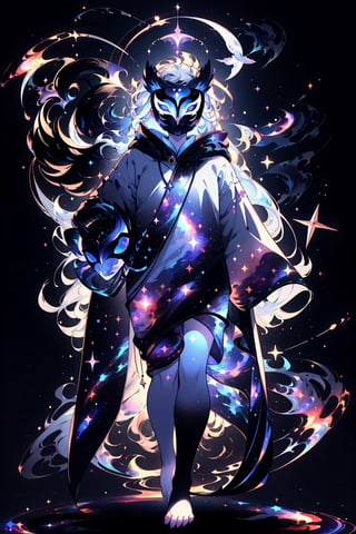 solo_male, solo, skinny, simple background, gloves, animal ears, full body, black skin, grey background, glowing, no pupils, starry sky print, (white Owl porcelain mask:1.2), (celestial long robe:1.2), library, mystic, 3d render, unreal engine, Celestial Skin,More Detail,