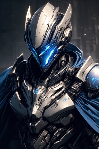 (masterpiece, best quality) extremely detailed, intricately detailed, ((portrait)), 1_boy, ((robot, wizard,assasin)), (Steel smooth armor, dark blue trim, cloth attachments, blue cloak), minimalist helmet, glowing eyes, chiaroscuro lighting, ray tracing, polished, high resolution, volumetric lightning, ,WARFRAME,medieval armor,robot
