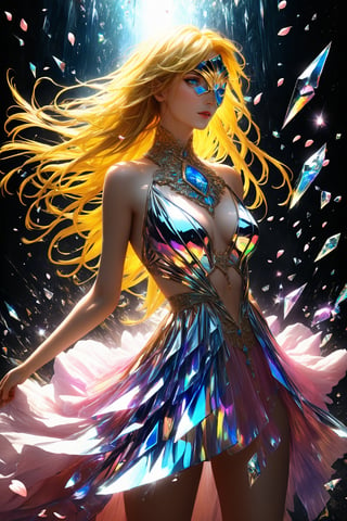 1girl, golden yellow hair, (strait hair), (blue eyes), ranbow red fantasy-inspired mirrored glass shards expensive clothes, long cut neckline, eye-covering mask, crystal, petals falling, Broken Glass effect, no background, stunning, something that even doesn't exist, mythical being, energy, textures, iridescent and luminescent shards, divine presence, cowboy shot, Volumetric light, auras, rays, vivid colors reflects, Broken Glass effect, eyes shoot, oil paint, male focus, 3d render, digital art, realistic