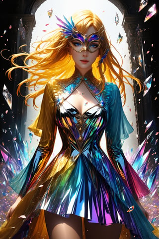 1girl, golden yellow hair, (strait hair), (blue eyes), ranbow red fantasy-inspired mirrored glass shards expensive clothes, long cut neckline, eye-covering mask, crystal, petals falling, Broken Glass effect, no background, stunning, something that even doesn't exist, mythical being, energy, textures, iridescent and luminescent shards, divine presence, cowboy shot, Volumetric light, auras, rays, vivid colors reflects, Broken Glass effect, eyes shoot, oil paint, male focus, 3d render, digital art, realistic