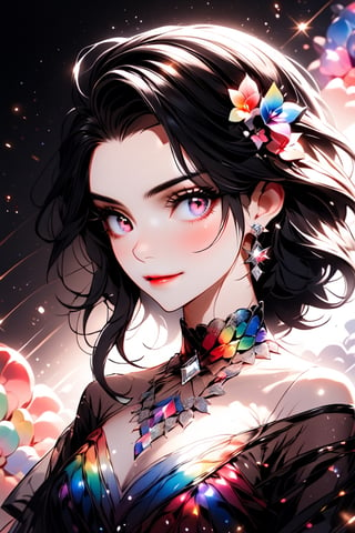 ((Rainbow Style), Anime, Real, Sketch, Thick Lines, Contents, Detailed, Detailed, 1Girl, (Glowing Rainbow Flower Mask), Closed Lips, Diamond Earrings, Shining Diamond Parts, Seductive Expression, Silk Floral Off-Shoulder Dress, Order, black gradient background, texture crop, Utra), Detailed Textures, high quality, high resolution, high Accuracy, realism, color correction, Proper lighting settings, harmonious composition, Behance works, more detail XL, Anime, hentai, Utra,Utra