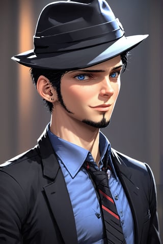 SalomanElfric, 27yo, solo, short hair, blue eyes, shirt, black hair, sole_male, fedora hat, jacket, upper body, male focus, necktie, black jacket, black headwear, (facial hair,sideburns, goatee:1.3), formal, suit, mature male, cartoon, unreal engine,more detail XL