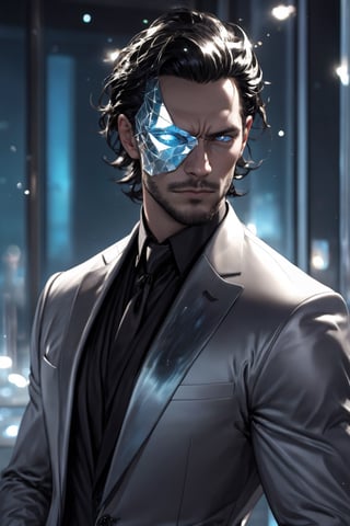 1man calcasian, masculine, mesomorph body type, swiped medium hair, (lenny:1.2), using a half-mask covering the eyes made of transparent glass, one piece formal wear made of shards of glass, realistic, (bokeh), detailed, illuminated, 3d render, unreal engine, HD, 4k