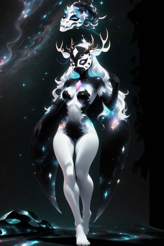 solo, tall, mature, long hair, simple background, gloves, animal ears, full body, (black skin), grey background, glowing, no pupils, starry sky print, (white elk mask:1.2), white horns, (black celestial clothes:1.2), dinamic photo, mystic, 3d render, unreal engine,Celestial Skin,