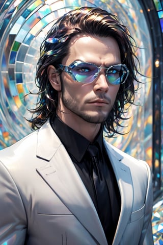 1man calcasian, masculine, mesomorph body type, swiped medium long hair, (lenny:1.2), using a abstract crystalline futuristic sports glasses covering the eyes made of solid transparent glass, expensive suit made of (stained glass) , realistic, (bokeh), detailed, illuminated, 3d render, unreal engine, HDR 