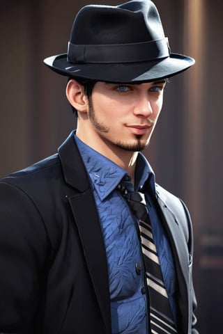 SalomanElfric, 27yo, solo, short hair, blue eyes, shirt, black hair, sole_male, fedora hat, jacket, upper body, male focus, necktie, black jacket, black headwear, (facial hair,sideburns, goatee:1.3), formal, suit, mature male, unreal engine,more detail XL