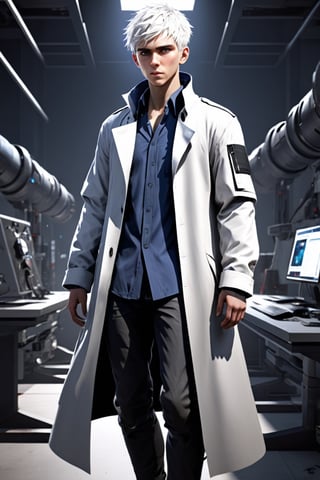 SalomanElfric, 22yo, solo, short hair, blue eyes, shirt, white hair, messy_hair, full body, male focus, mature male, unreal engine, sci-fi, full body, standing, grandiose, laboratory long coat