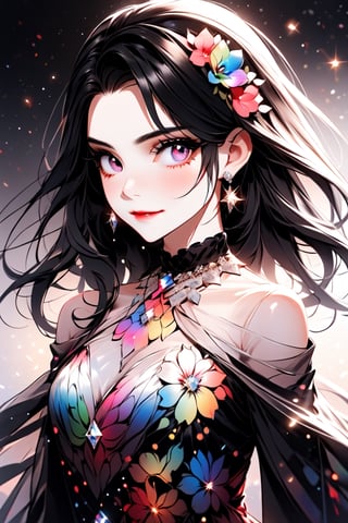 ((Rainbow Style), Anime, Real, Sketch, Thick Lines, Contents, Detailed, Detailed, 1Girl, (Rainbow Flower Mask), Closed Lips, Diamond Earrings, Shining Diamond Parts, Seductive Expression, Silk Floral Off-Shoulder Dress, Order, black gradient background, texture crop, Utra), Detailed Textures, high quality, high resolution, high Accuracy, realism, color correction, Proper lighting settings, harmonious composition, Behance works, more detail XL, Anime, hentai, Utra,Utra