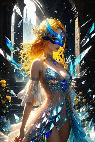 1girl, golden yellow hair, (strait hair), (blue eyes), ranbow red fantasy-inspired mirrored glass shards expensive clothes, long cut neckline, eye-covering mask, crystal, petals falling, Broken Glass effect, no background, stunning, something that even doesn't exist, mythical being, energy, textures, iridescent and luminescent shards, divine presence, cowboy shot, Volumetric light, auras, rays, vivid colors reflects, Broken Glass effect, eyes shoot, oil paint, male focus, 3d render, digital art, realistic