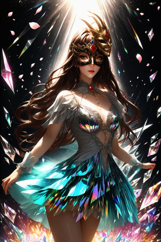 1girl, (fantasy masquerade mask), dark brown long hair, (strait hair), (golden eyes), gray red fantasy-inspired mirrored glass shards cute clothes, eye-covering mask, crystal, petals falling, Broken Glass effect, no background, stunning, something that even doesn't exist, mythical being, energy, textures, iridescent and luminescent shards, divine presence, cowboy shot, Volumetric light, auras, rays, vivid colors reflects, Broken Glass effect, eyes shoot, oil paint, male focus, 3d render, digital art, realistic
