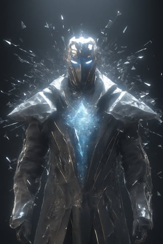 man in his prime, (divine Cybermask), black broken glass effects, mantle made of broken shards, glass clothes, 50yo, strong, digital art, masterpiece, award winning, 3d render