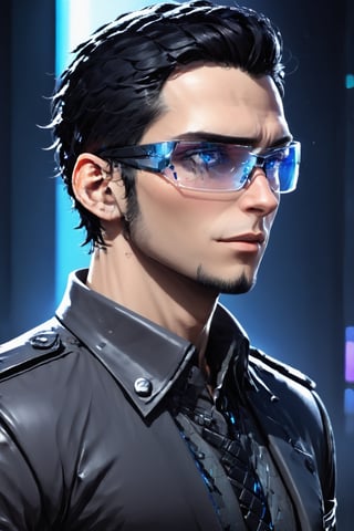 SalomanElfric, 27yo, solo, short hair, blue eyes, shirt, black hair, stylish hair swept to the right, sole male, ((facial hair, sideburns, goatee)), full body, male focus, mature male, unreal engine, realistic, 4k,HDR, sci-fi, full body, standing, grandiose, transparent glass tie, formal wear made broken shards, (stained transparent glass cyberpunk glasses:1.2)