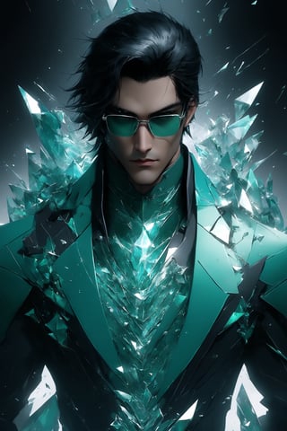 sole_male, German, medium black hair with layers, (square jawline:0.8), handsome, muscular,  (crystal sci-fi glasses), broken glass formal green suit, white skin, (cyan eyes), short black styled hair, clean face, serene expression, boss demeanor, magnate, masterpiece, digital art, award winner, serene, bright colors, octane, 3d render, realistic, shards