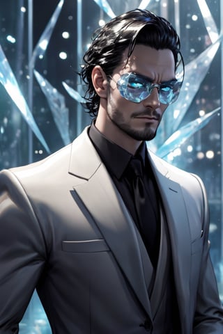 1man calcasian, masculine, mesomorph body type, swiped medium hair, (lenny:1.2), using a half-mask covering the eyes made of transparent glass, one piece formal wear made of shards of glass, realistic, (bokeh), detailed, illuminated, 3d render, unreal engine, HD, 4k