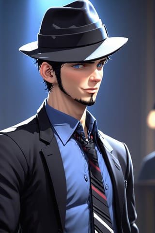 SalomanElfric, 27yo, solo, short hair, blue eyes, shirt, black hair, sole_male, fedora hat, jacket, upper body, male focus, necktie, black jacket, black headwear, (facial hair,sideburns, goatee:1.3), formal, suit, mature male, cartoon, unreal engine