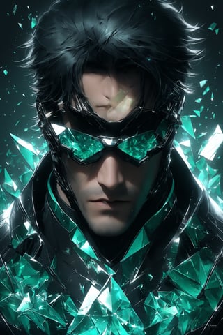 sole_male, German, medium black hair with layers, (square jawline:0.8), handsome, muscular,  (crystal sci-fi glasses), broken glass formal green suit, white skin, (cyan eyes), short black styled hair, clean face, serene expression, boss demeanor, magnate, masterpiece, digital art, award winner, serene, bright colors, octane, 3d render, realistic, shards