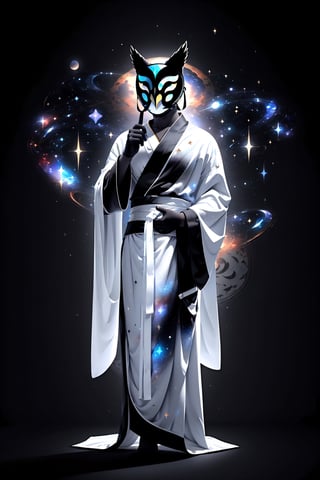 solo_male, solo, skinny, (slim), simple background, gloves, animal ears, full body, black skin, grey background, glowing, no pupils, starry sky print, (white Owl porcelain mask:1.2), (celestial long robe:1.2), library, mystic, 3d render, unreal engine, Celestial Skin,More Detail,