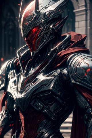 (masterpiece, best quality) extremely detailed, intricately detailed, ((portrait)), 1_boy, ((robot, wizard,assasin)), (Steel armor, dark red trim, red cloth attachments, blue cloak), glowing eyes, chiaroscuro lighting, ray tracing, polished, high resolution, volumetric lightning, ,WARFRAME,medieval armor,robot