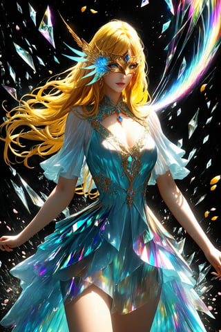 1girl, golden yellow hair, (strait hair), (blue eyes), ranbow red fantasy-inspired mirrored glass shards expensive clothes, long cut neckline, eye-covering mask, crystal, petals falling, Broken Glass effect, no background, stunning, something that even doesn't exist, mythical being, energy, textures, iridescent and luminescent shards, divine presence, cowboy shot, Volumetric light, auras, rays, vivid colors reflects, Broken Glass effect, eyes shoot, oil paint, male focus, 3d render, digital art, realistic