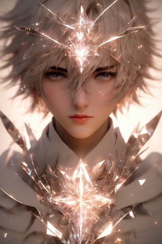 1boy, (crystal mask), broken glass garments, solo, short hair, bangs, beige layered hair, beige eyebrows, gray eyes, long sleeves, closed mouth, upper body, male focus, symmetrical face, light particles, bokeh, masterpiece, digital art, award winner, bealtyfull, intense, bright colors, octane, 3d render, realistic, shards