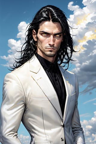 calcasian slim man with long black hair side swept to the right, golden eyes glowing yelow, hands on pockets, white skin, (wearing a black transparent glass suit), big white clouds moving in a light blue sky, very luminous, 8k, realistic, Add more detail, man, disgusted face,guy, realhands,man,Add more detail,disgusted face,looking at viewer, portrait,Lenny,LennySincoat,shards