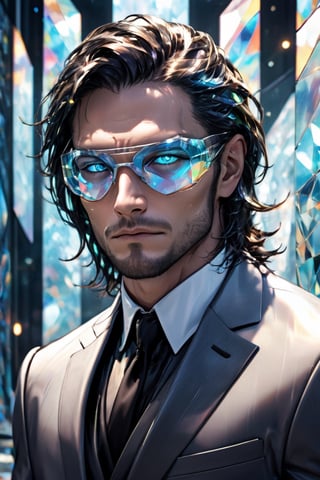 1man calcasian, masculine, mesomorph body type, swiped medium long hair, (lenny:1.2), using a abstract crystalline futuristic sports glasses covering the eyes made of solid transparent glass, expensive suit made of (stained glass) , realistic, (bokeh), detailed, illuminated, 3d render, unreal engine, HDR 