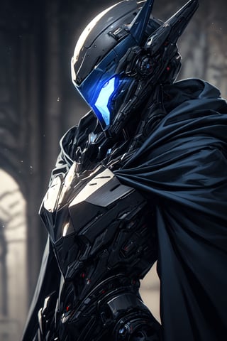 (masterpiece, best quality) extremely detailed, intricately detailed, ((portrait)), 1_boy, ((robot, wizard,assasin)), (Steel smooth armor, dark blue trim, cloth attachments, blue cloak), minimalist helmet, glowing eyes, chiaroscuro lighting, ray tracing, polished, high resolution, volumetric lightning, ,WARFRAME,medieval armor,robot