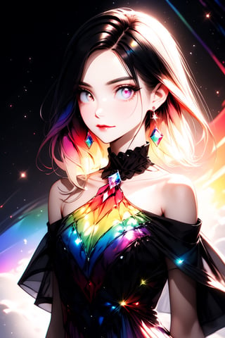 ((Rainbow Style), Anime, Real, Sketch, Thick Lines, Contents, Detailed, Detailed, One Girl, Glowing Rainbow Eyes, Closed Lips, Diamond Earrings, Shining Diamond Parts, Seductive Expression, Silk Floral Off-Shoulder Dress, Order, black gradient background, texture crop, Utra), Detailed Textures, high quality, high resolution, high Accuracy, realism, color correction, Proper lighting settings, harmonious composition, Behance works, more detail XL, Anime, hentai, Utra,Utra