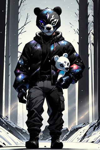 solo_male, strong, muscular, solo, (slim), simple background, gloves, animal ears, full body, (black skin), grey background, glowing, no pupils, (human_lip), starry sky print, (white bear mask:1.2), sleek mask, 1 mask, (black celestial winter clothes:1.2), turtleneck, cargo pants, dinamic photo, mystic, 3d render, unreal engine,Celestial Skin,