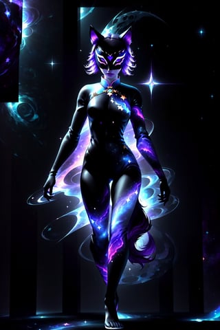 1girl, solo, (slim), simple background, gloves, animal ears, full body, (black skin), grey background, glowing, no pupils, (human_lip), starry sky print, (purple wolf mask:1.2), sleek mask, 1 mask, (black celestial Ao Dai:1.2), dinamic photo, mystic, 3d render, unreal engine, Celestial Skin,