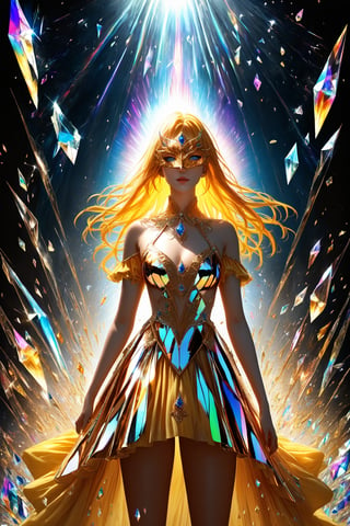 1girl, golden yellow hair, (strait hair), (blue eyes), ranbow red fantasy-inspired mirrored glass shards expensive clothes, long cut neckline, eye-covering mask, crystal, petals falling, Broken Glass effect, no background, stunning, something that even doesn't exist, mythical being, energy, textures, iridescent and luminescent shards, divine presence, cowboy shot, Volumetric light, auras, rays, vivid colors reflects, Broken Glass effect, eyes shoot, oil paint, male focus, 3d render, digital art, realistic