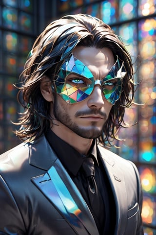 1man calcasian, masculine, mesomorph body type, swiped medium long hair, (lenny:1.2), using a abstract half-mask covering the eyes made of transparent glass, expensive suit made of (stained glass) , realistic, (bokeh), detailed, illuminated, 3d render, unreal engine, HD, 4k