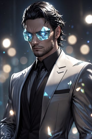 1man calcasian, masculine, mesomorph body type, swiped medium hair, (lenny:1.2), using a half-mask covering the eyes made of transparent glass, one piece formal wear made of shards of glass, realistic, (bokeh), detailed, illuminated, 3d render, unreal engine, HD, 4k