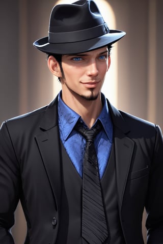 SalomanElfric, 35yo, solo, short hair, blue eyes, shirt, black hair, sole_male, fedora hat, jacket, upper body, male focus, necktie, black jacket, black headwear, (facial hair,sideburns, goatee:1.3), formal, suit, mature male, cartoon, unreal engine,