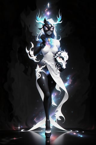 solo, tall, mature, long hair, simple background, gloves, animal ears, full body, (black skin), grey background, glowing, no pupils, starry sky print, (white elk mask:1.2), white horns, (black celestial clothes:1.2), dinamic photo, mystic, 3d render, unreal engine,Celestial Skin,