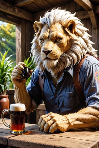 digimon leomon inspired, (furry), old male, 60yo, (caramel anthropomorphic lion), (golden mane), [white hair strands], scars, muscular body, small head , (medieval cotton shirt), wheat field, sat in a table, (wooden mug), red beer, reflection mapping, realistic figure, hyperdetailed, cinematic lighting photography, 32k uhd, albedo \(overlord\), mythical clouds,furry girl