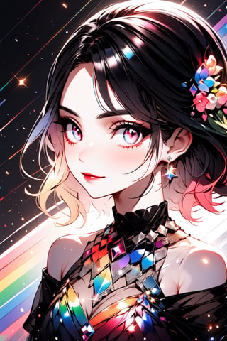 ((Rainbow Style), Anime, Real, Sketch, Thick Lines, Contents, Detailed, Detailed, 1Girl, Glowing Rainbow Eye Mask, Closed Lips, Diamond Earrings, Shining Diamond Parts, Seductive Expression, Silk Floral Off-Shoulder Dress, Order, black gradient background, texture crop, Utra), Detailed Textures, high quality, high resolution, high Accuracy, realism, color correction, Proper lighting settings, harmonious composition, Behance works, more detail XL, Anime, hentai, Utra,Utra