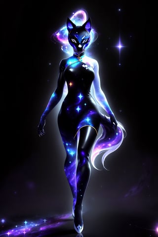 1girl, solo, (slim), simple background, gloves, animal ears, full body, (black skin), grey background, glowing, no pupils, (human_lip), starry sky print, (purple wolf mask:1.2), sleek mask, 1 mask, (black celestial Ao Dai:1.2), dinamic photo, mystic, 3d render, unreal engine, Celestial Skin,