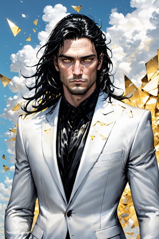 calcasian slim man with long black hair side swept to the right, golden eyes glowing yelow, hands on pockets, white skin, wearing a black glass shards suit, big white clouds moving in a light blue sky, very luminous, 8k, realistic, Add more detail, man, disgusted face,guy, realhands,man,Add more detail,disgusted face,looking at viewer, portrait,Lenny,LennySincoat,shards