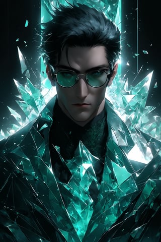 sole_male, German, medium black hair with layers, (square jawline:0.8), handsome, muscular,  (crystal sci-fi glasses), broken glass formal green suit, white skin, (cyan eyes), short black styled hair, clean face, serene expression, boss demeanor, magnate, masterpiece, digital art, award winner, serene, bright colors, octane, 3d render, realistic, shards