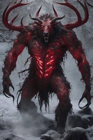 Wendigo, elk anthro, skinless, gore, decayed, portrait photo made of flesh, skeleton face, sharp horns, veins, muscles, (transparent skin:1.5), nightmare creature, dangerous mutant, intricate and tall details, doom, human skulls on the ground, deep red eyes,full body,anthro,photo,monster,DonMD3m0nV31nsXL