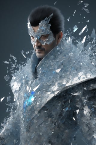 man in his prime, (divine Cybermask), broken glass effects, mantle made of broken shards, glass clothes, 50yo, strong, black hair, digital art, masterpiece, award winning, 3d render