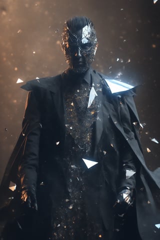 man in his prime, (divine Cybermask), black broken glass effects, mantle made of broken shards, glass clothes, 50yo, strong, digital art, masterpiece, award winning, 3d render