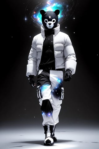 solo_male, strong, muscular, solo, (slim), simple background, gloves, animal ears, full body, (black skin), grey background, glowing, no pupils, (human_lip), starry sky print, (white bear mask:1.2), sleek mask, 1 mask, (black celestial winter clothes:1.2), turtleneck, cargo pants, dinamic photo, mystic, 3d render, unreal engine,Celestial Skin,
