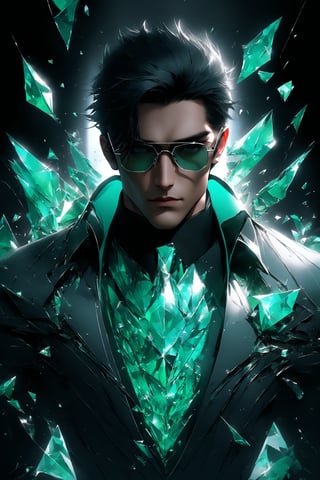 sole_male, German, medium black hair with layers, (square jawline:0.8), handsome, muscular,  (crystal sci-fi glasses), broken glass formal green suit, white skin, (cyan eyes), short black styled hair, clean face, serene expression, boss demeanor, magnate, masterpiece, digital art, award winner, serene, bright colors, octane, 3d render, realistic, shards