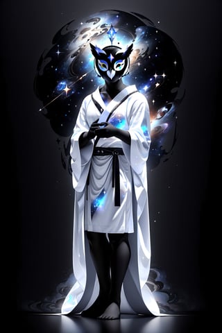 solo_male, solo, skinny, (slim), simple background, gloves, animal ears, full body, black skin, grey background, glowing, no pupils, starry sky print, (white Owl porcelain mask:1.2), (celestial long robe:1.2), library, mystic, 3d render, unreal engine, Celestial Skin,More Detail,