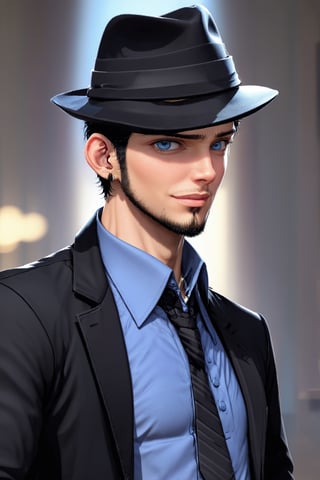 SalomanElfric, 27yo, solo, short hair, blue eyes, shirt, black hair, sole_male, fedora hat, jacket, upper body, male focus, necktie, black jacket, black headwear, (facial hair,sideburns, goatee:1.3), formal, suit, mature male, cartoon, unreal engine