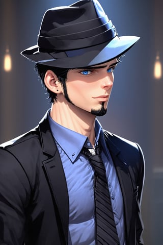 SalomanElfric, 27yo, solo, short hair, blue eyes, shirt, black hair, sole_male, fedora hat, jacket, upper body, male focus, necktie, black jacket, black headwear, (facial hair,sideburns, goatee:1.3), formal, suit, mature male, cartoon, unreal engine