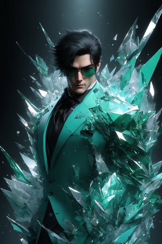 sole_male, German, medium black hair with layers, (square jawline:0.8), handsome, muscular,  (clear crystal sci-fi glasses), broken glass formal green suit, white skin, (cyan eyes), short black styled hair, clean face, serene expression, boss demeanor, magnate, masterpiece, digital art, award winner, serene, bright colors, octane, 3d render, realistic, shards